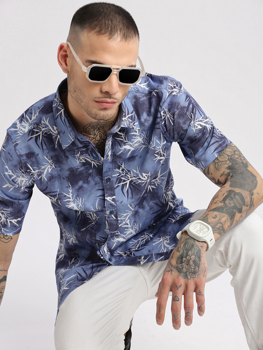 

SHOWOFF Smart Slim Fit Floral Printed Spread Collar Oxford Cotton Casual Shirt, Blue
