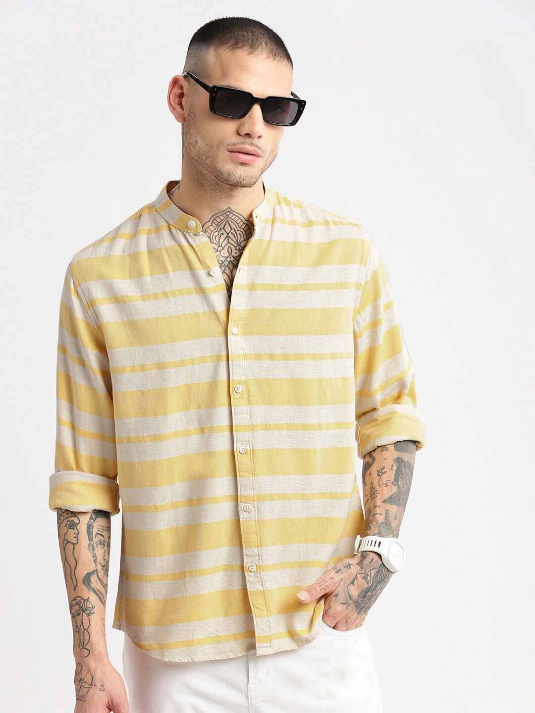 

SHOWOFF Standard Slim Fit Horizontal Stripes Opaque Striped Cotton Casual Shirt, Orange
