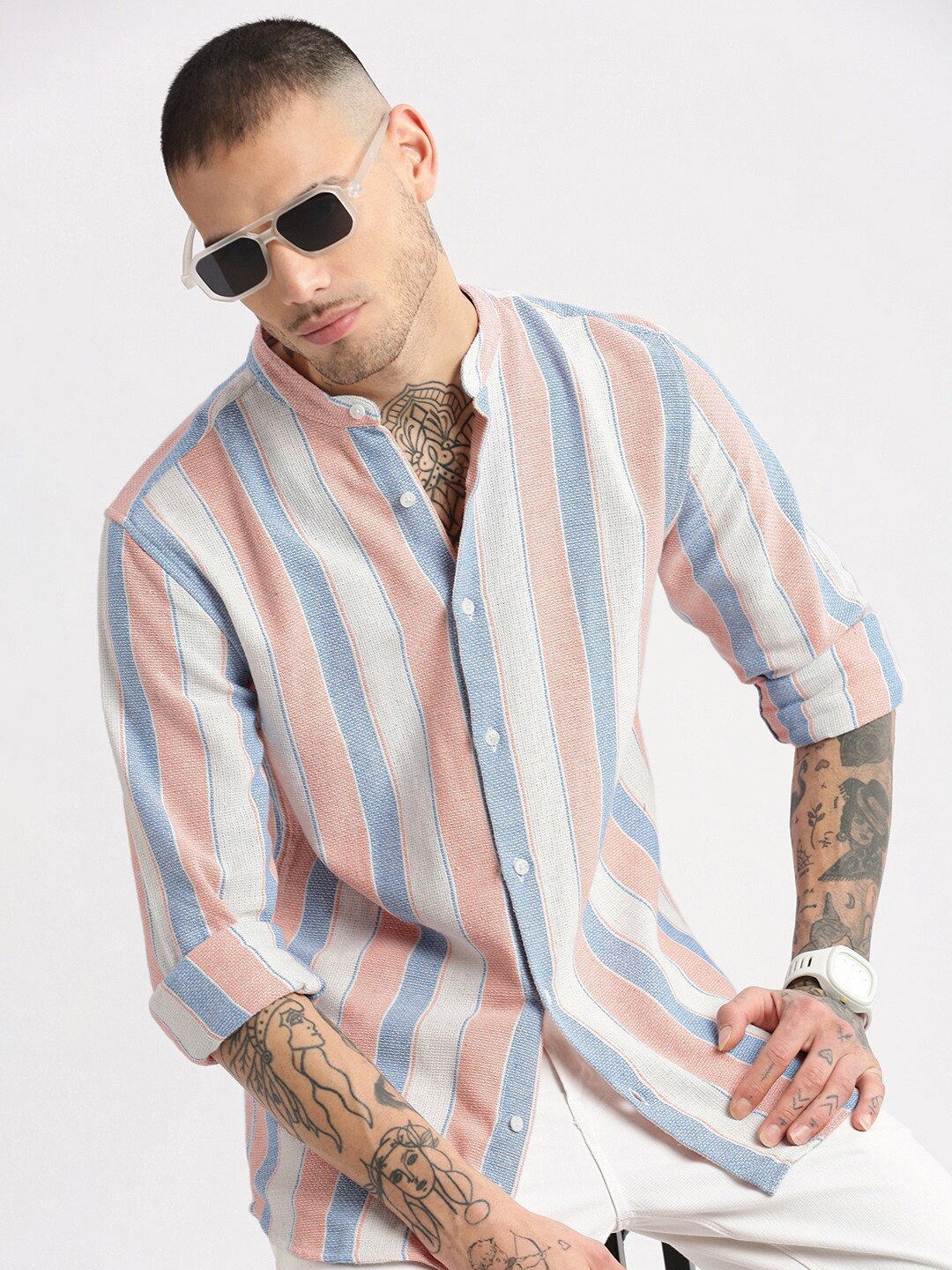 

SHOWOFF Standard Slim Fit Opaque Cotton Striped Casual Shirt, Peach