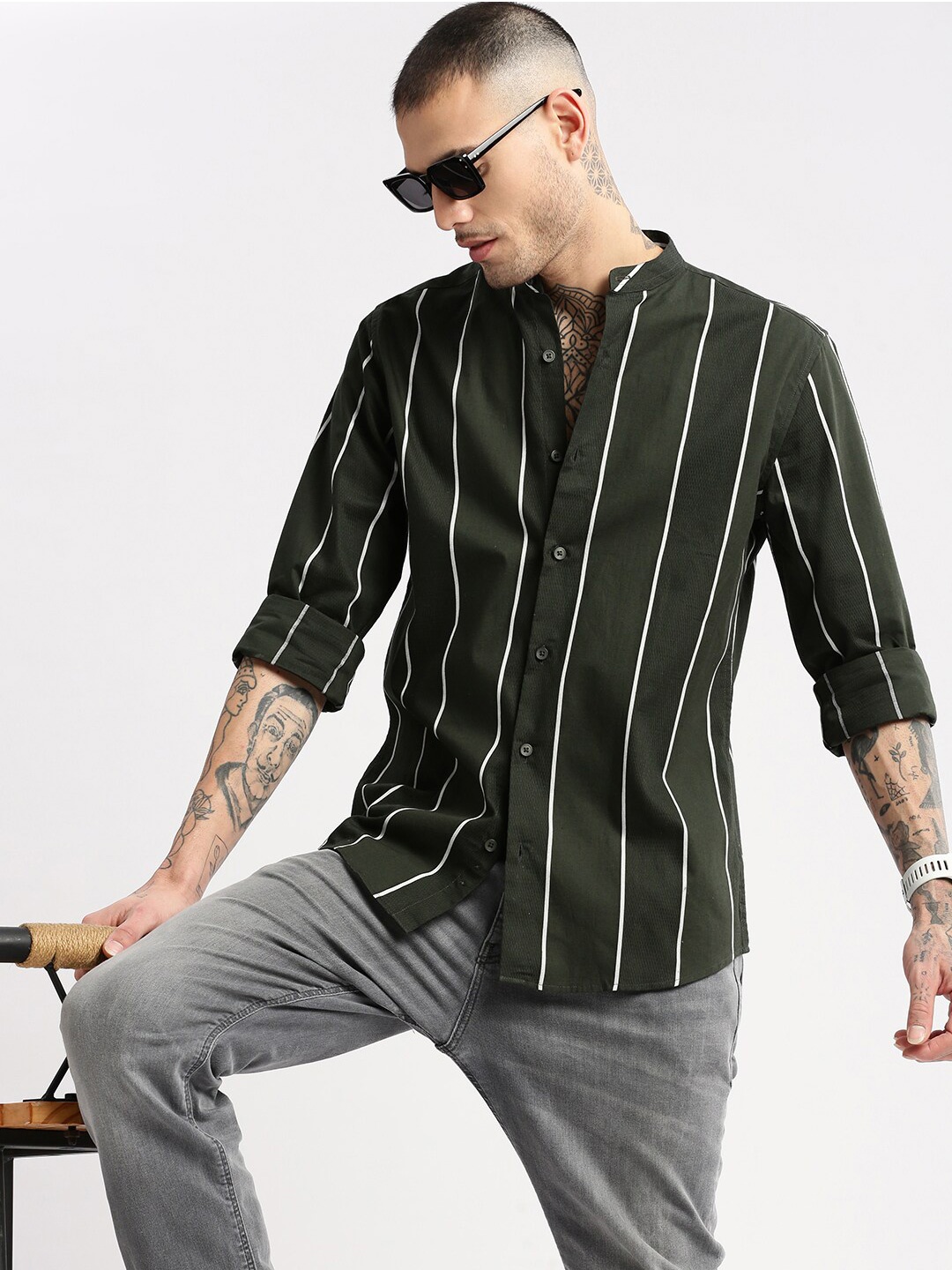 

SHOWOFF Comfort Slim Fit Opaque Cotton Vertical Striped Band Collar Casual Shirt, Green