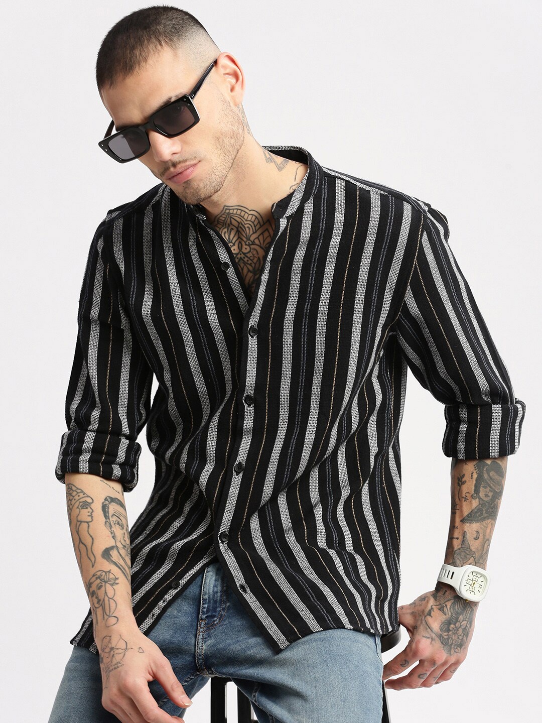 

SHOWOFF Standard Slim Fit Opaque Striped Cotton Casual Shirt, Black