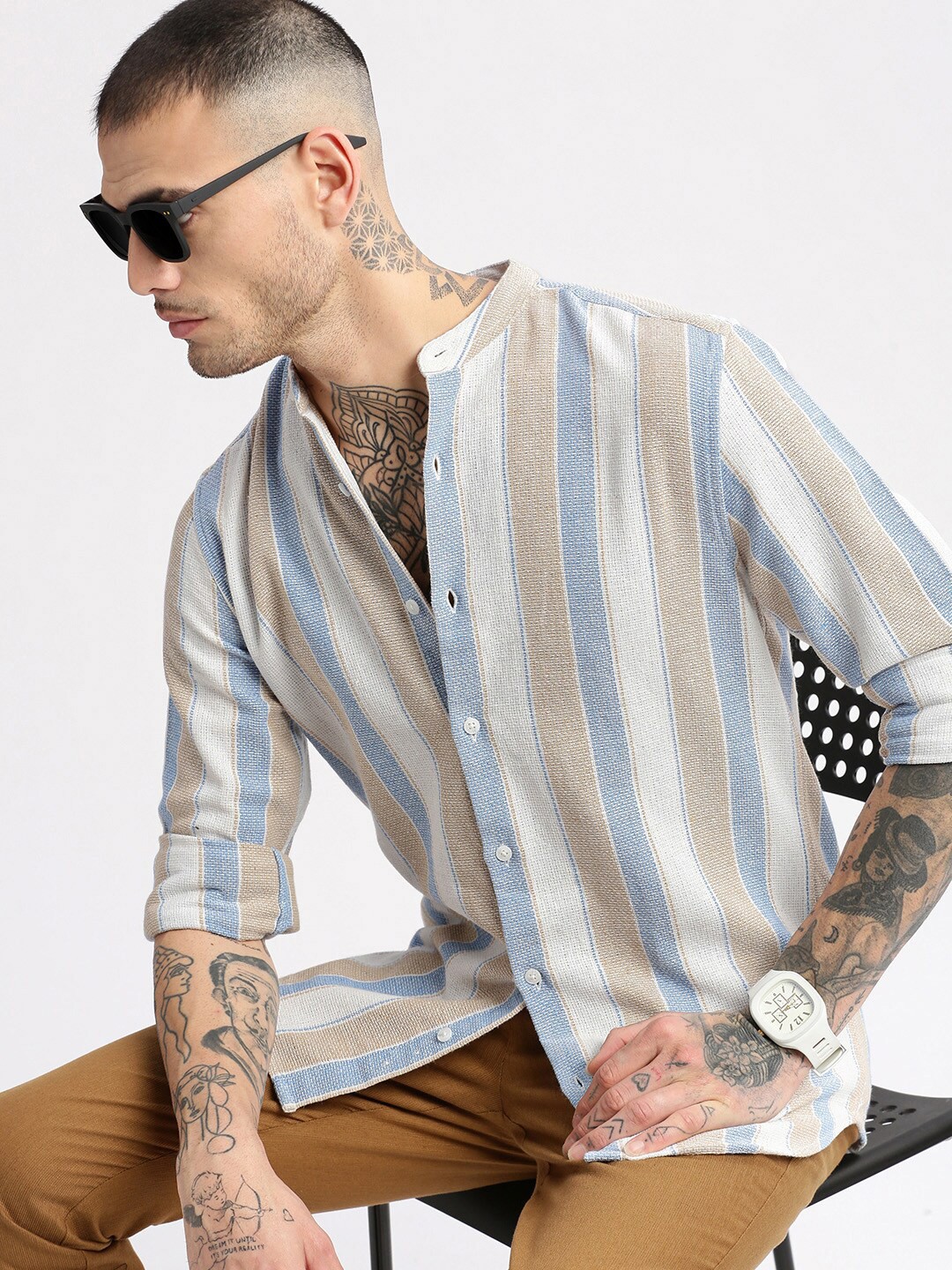 

SHOWOFF Standard Slim Fit Striped Mandarin Collar Cotton Casual Shirt, Beige