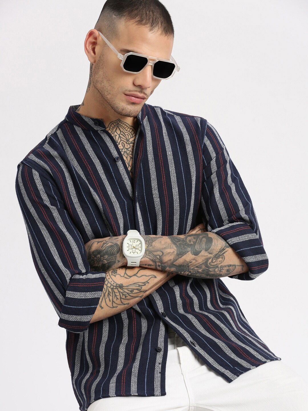 

SHOWOFF Standard Slim Fit Vertical Striped Band Collar Oxford Cotton Casual Shirt, Navy blue