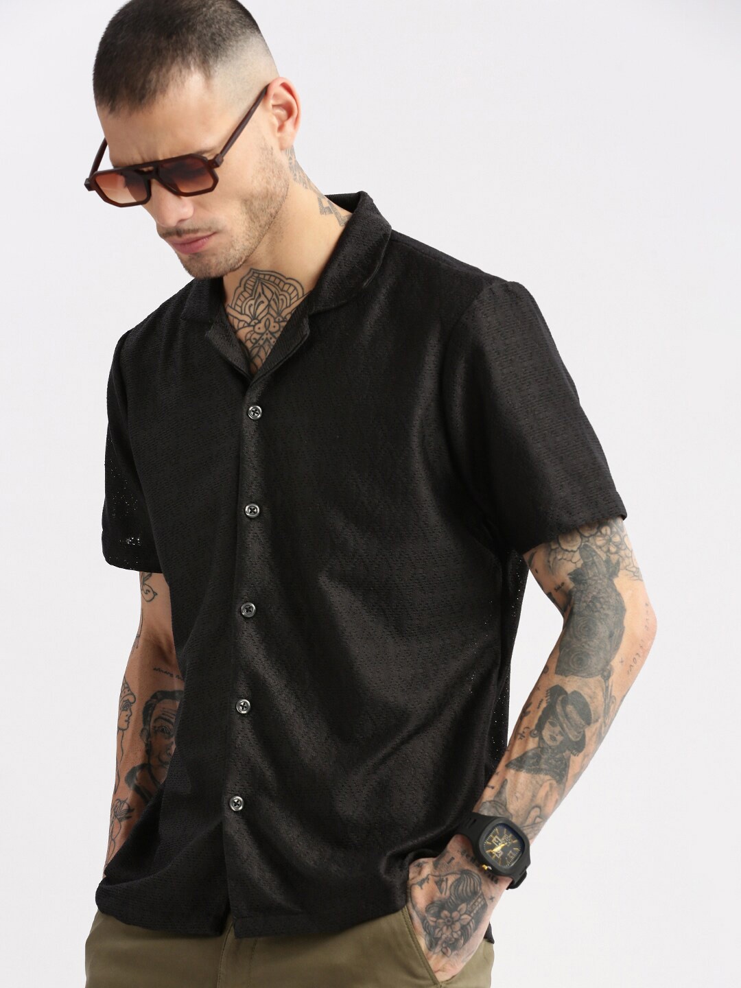 

SHOWOFF Standard Relaxed Fit Cuban Collar Cotton Casual Crochet Shirt, Black