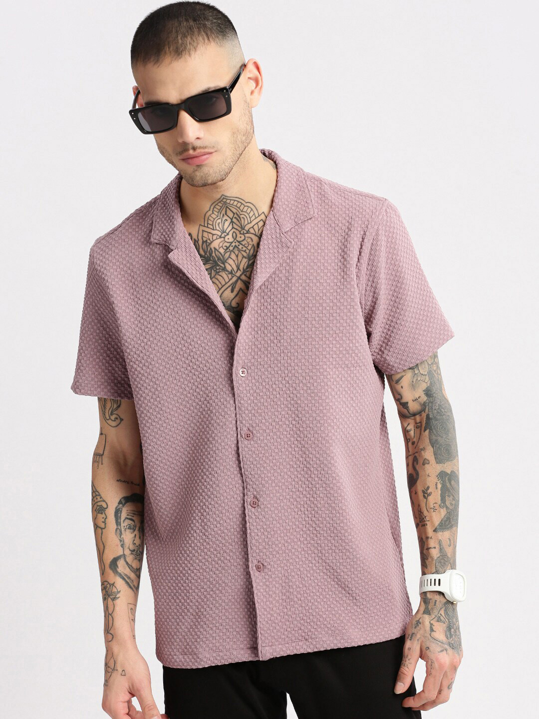 

SHOWOFF Premium Slim Fit Self Design Textured Cuban Collar Seersucker Shirt, Lavender