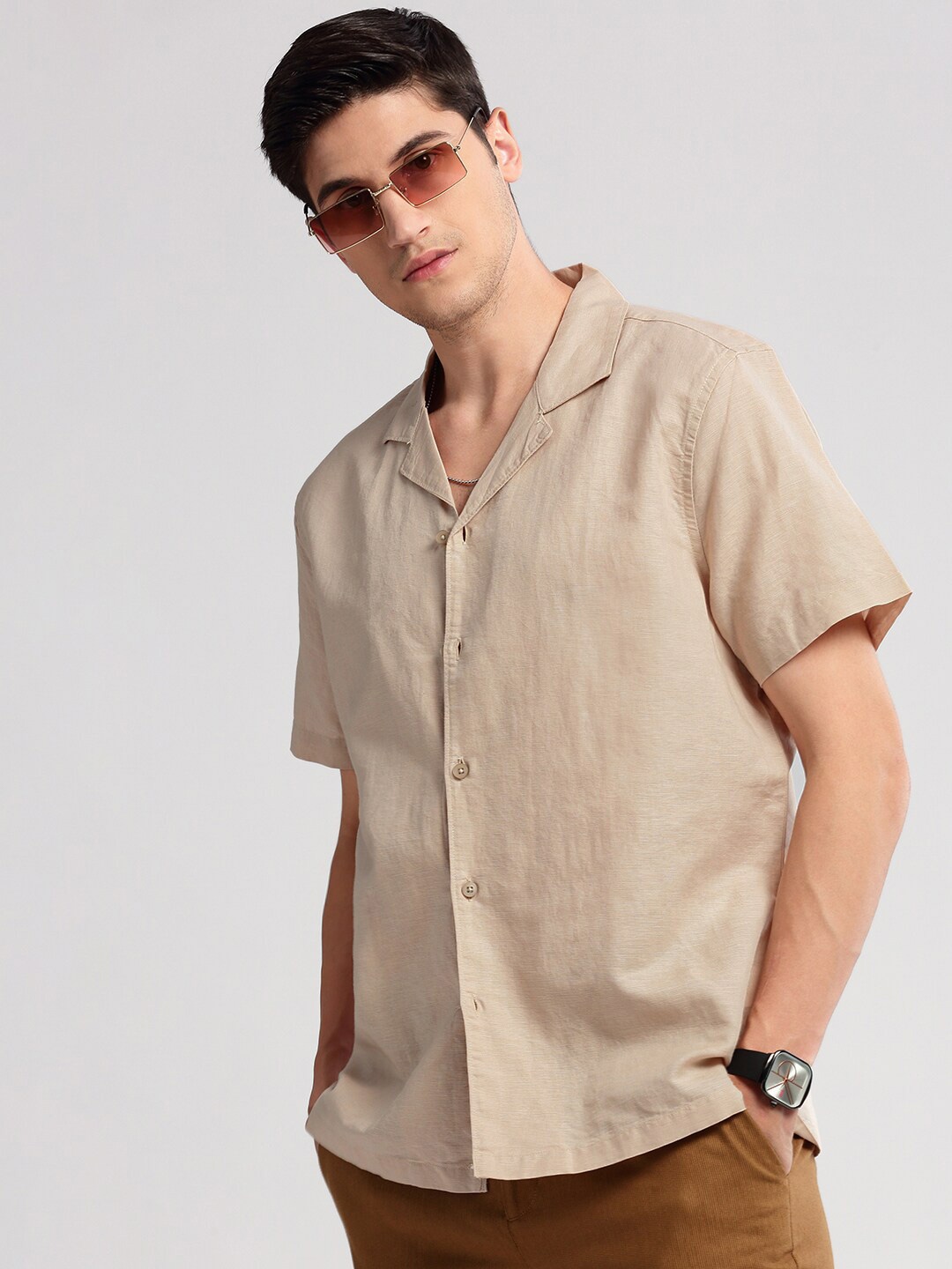 

SHOWOFF Premium Relaxed Fit Cuban Collar Cotton Casual Shirt, Beige