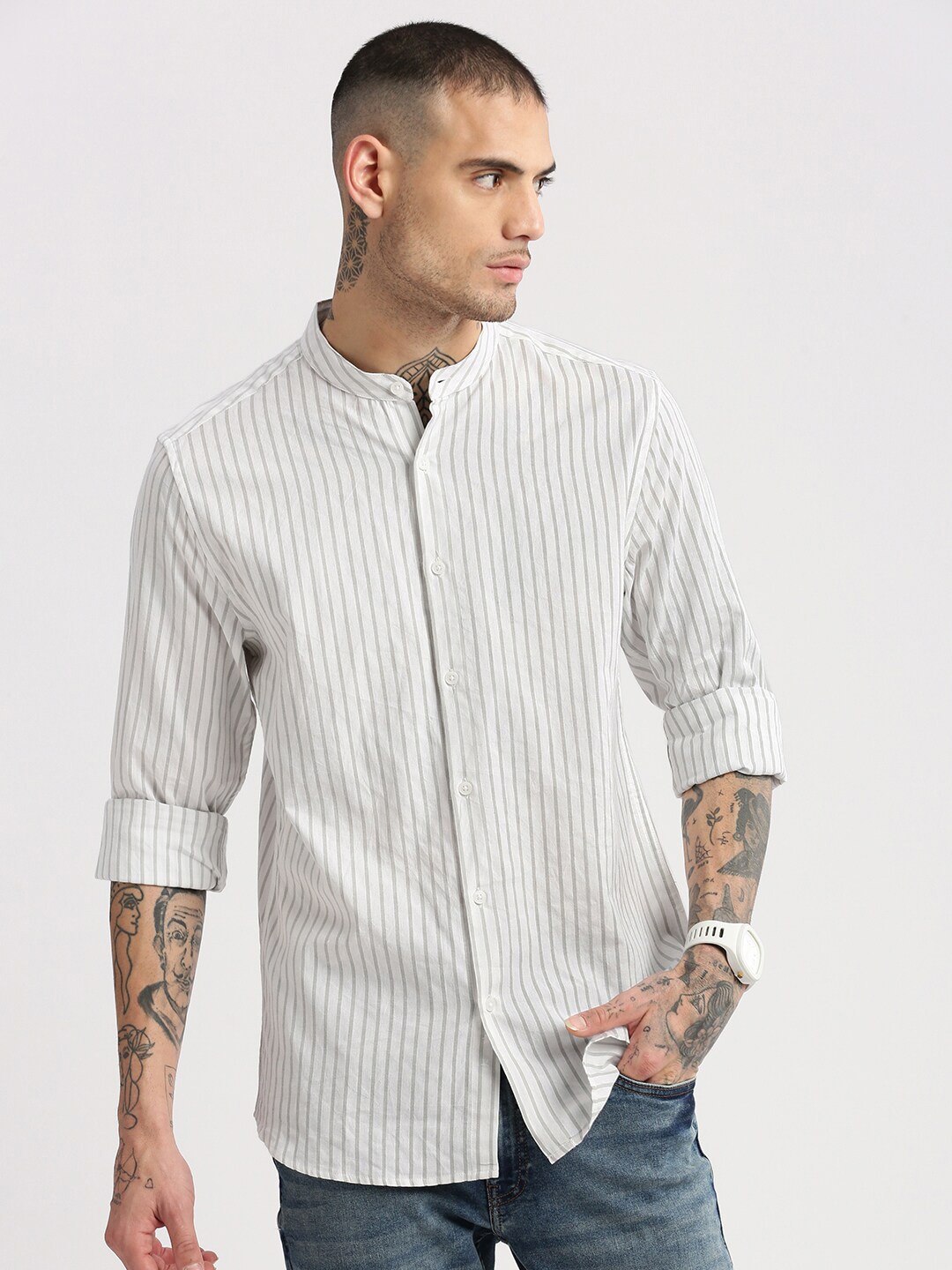 

SHOWOFF Standard Slim Fit Vertical Striped Band Collar Cotton Casual Shirt, White