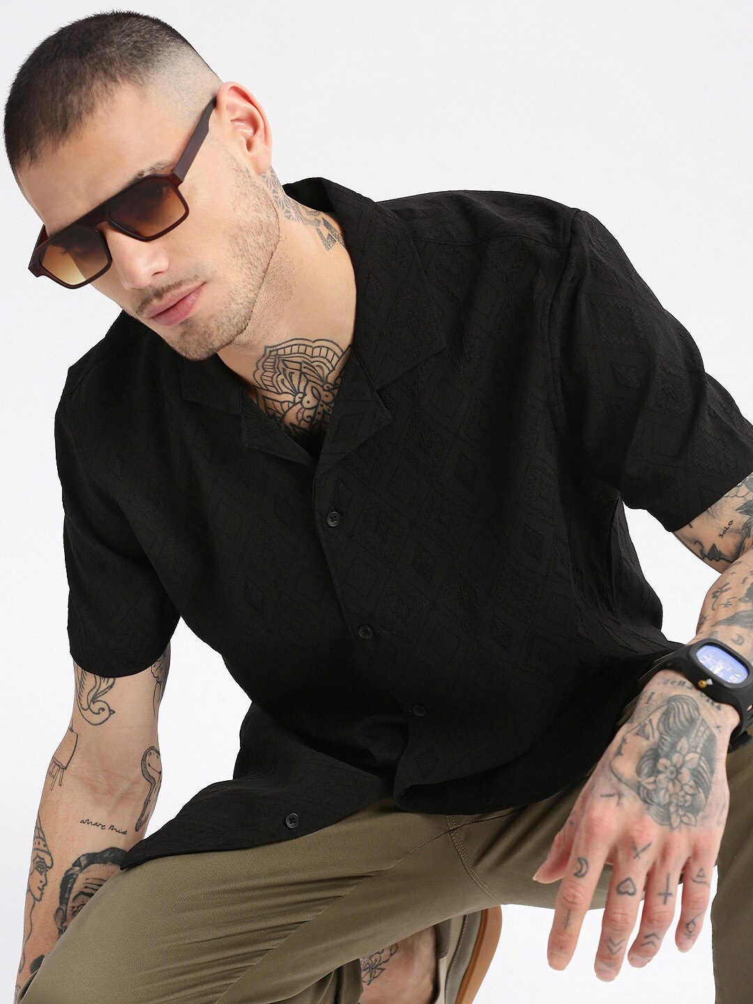 

SHOWOFF Premium Relaxed Fit Self Design Textured Cuban Collar Casual Shirt, Black