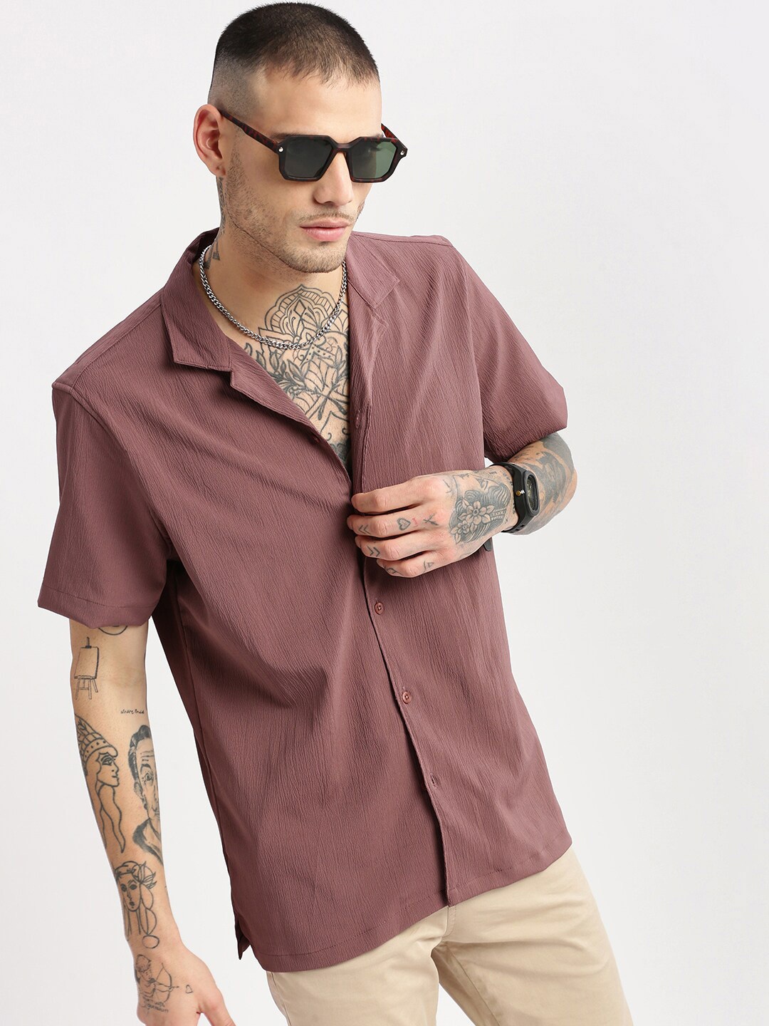 

SHOWOFF Premium Relaxed Fit Cuban Collar Casual Shirt, Lavender