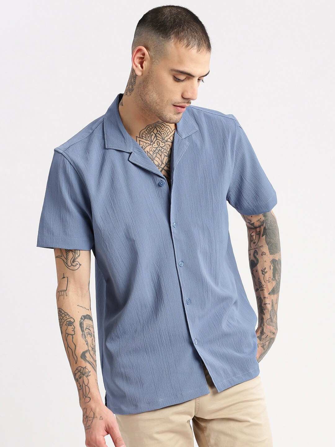 

SHOWOFF Premium Relaxed Fit Cuban Collar Casual Shirt, Blue