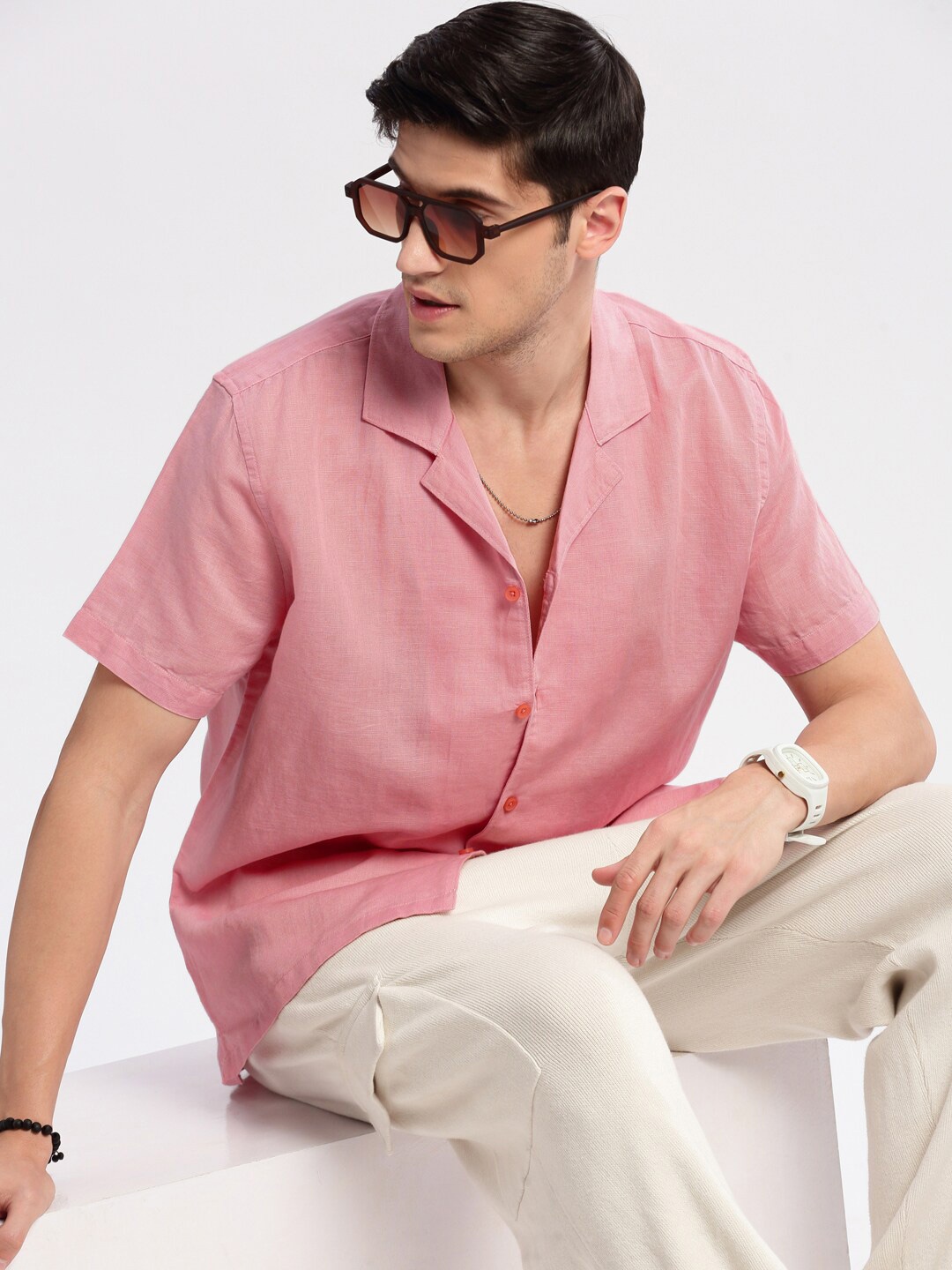 

SHOWOFF Premium Relaxed Fit Opaque Cotton Casual Shirt, Pink