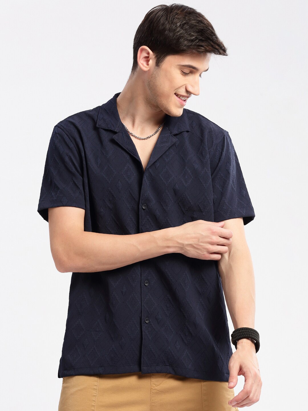 

SHOWOFF Premium Relaxed Fit Geometric Self Design Cuban Collar Casual Shirt, Navy blue