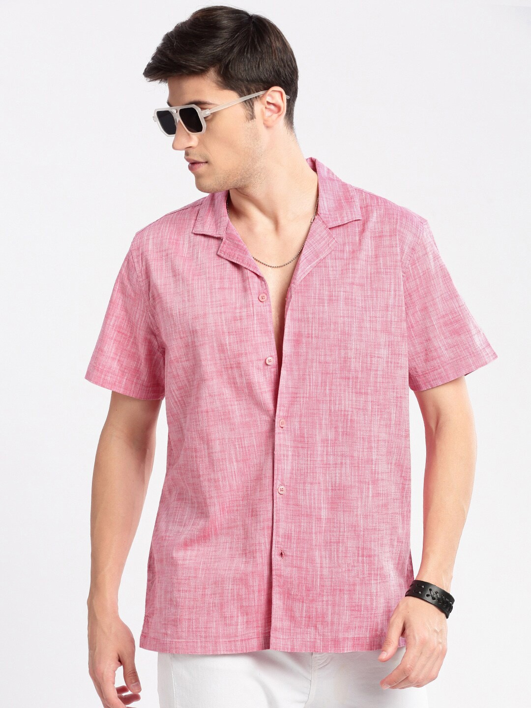 

SHOWOFF Premium Relaxed Fit Cuban Collar Chambray Cotton Casual Shirt, Pink