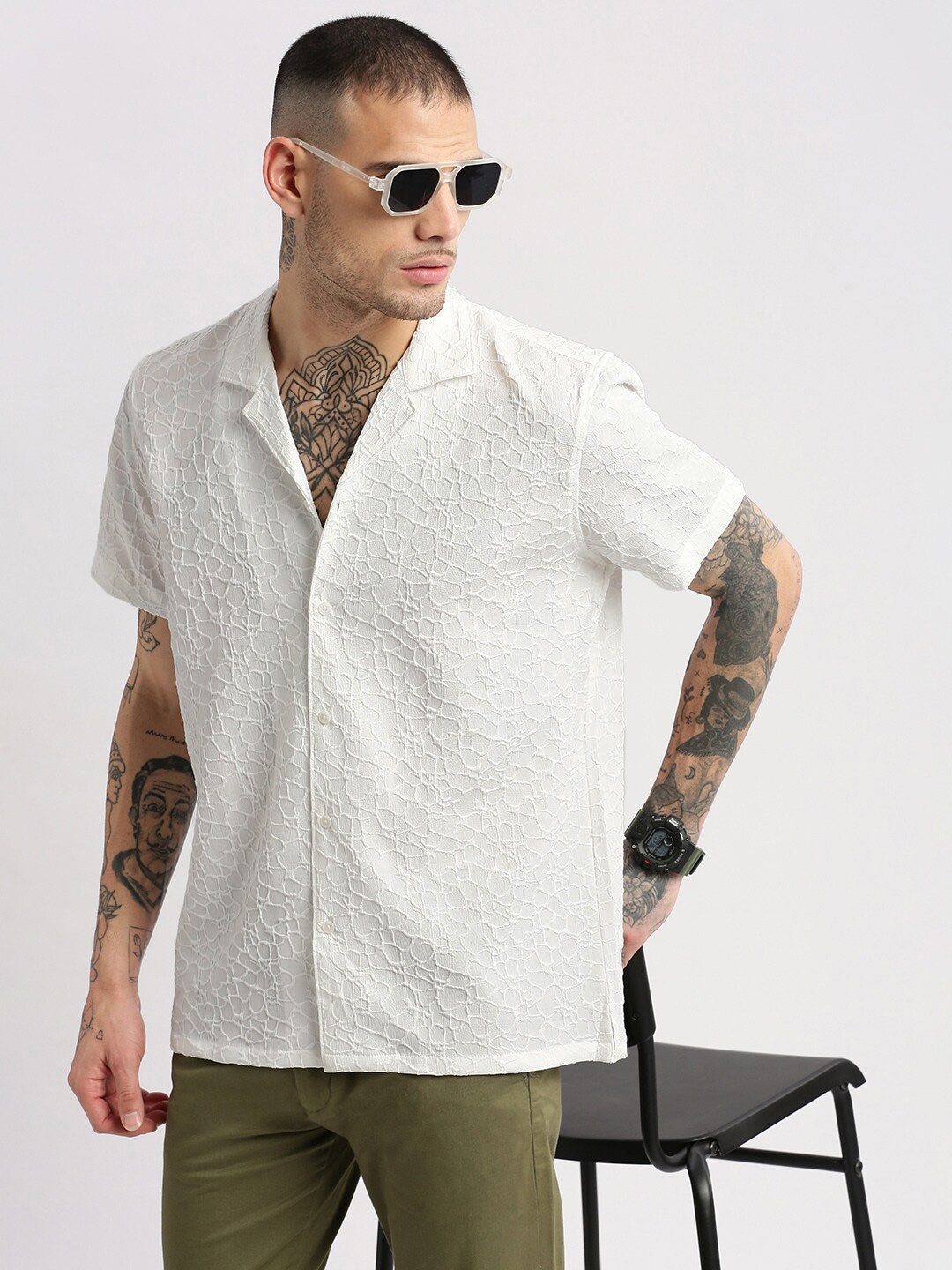 

SHOWOFF Premium Relaxed Fit Self Design Textured Cuban Collar Casual Shirt, White