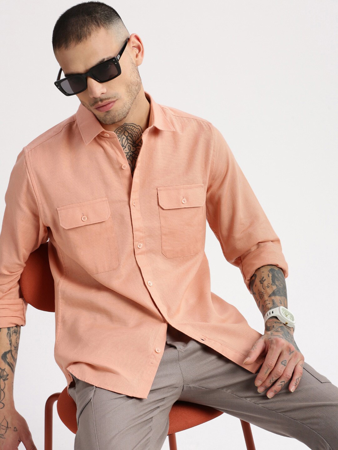 

SHOWOFF Standard Slim Fit Spread Collar Cotton Casual Shirt, Peach