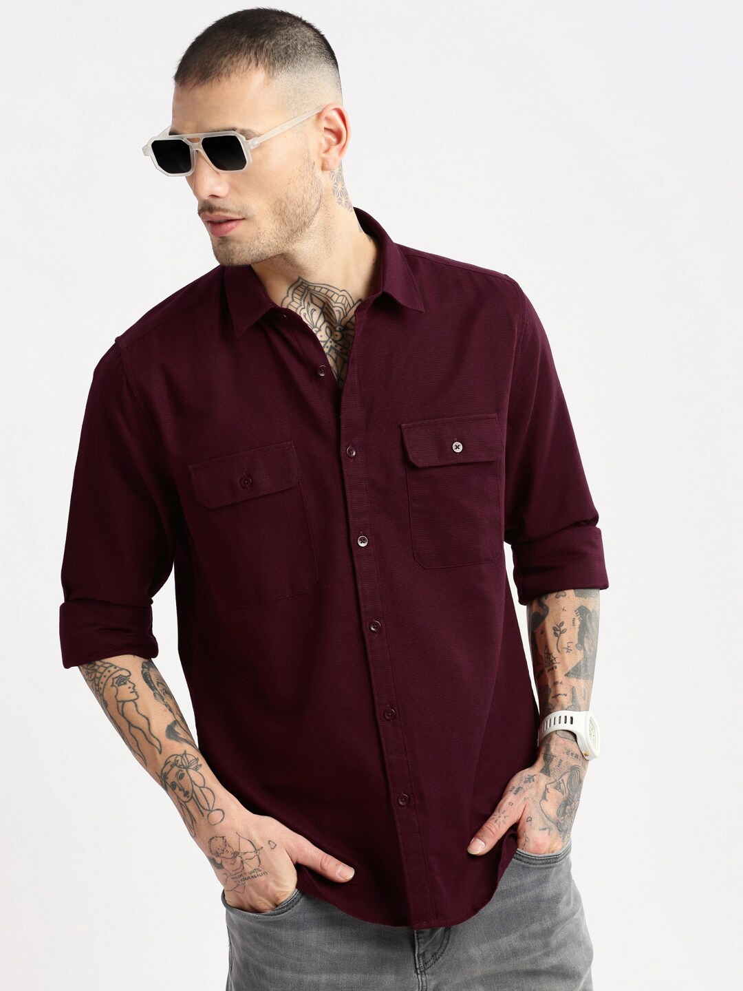 

SHOWOFF Standard Slim Fit Spread Collar Oxford Cotton Casual Shirt, Maroon