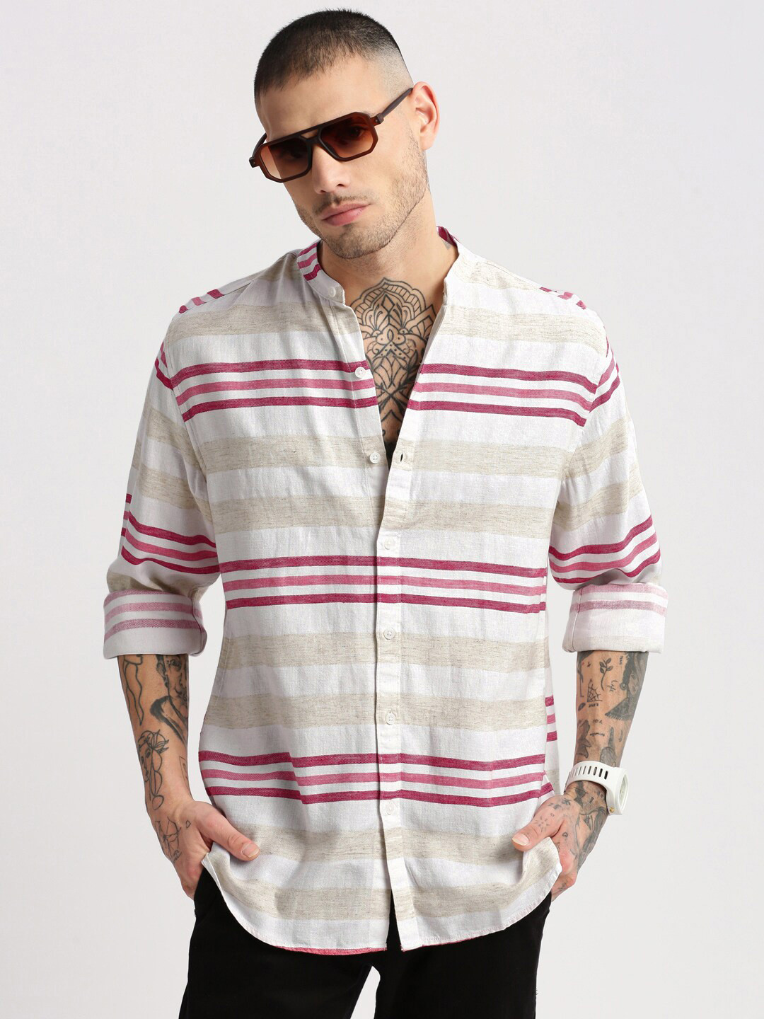 

SHOWOFF Standard Horizontal Striped Regular Fit Band Collar Cotton Shirt, Off white
