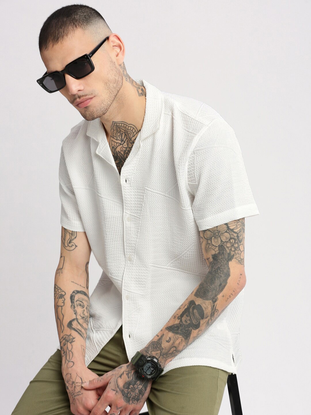 

SHOWOFF Premium Textured Cuban Collar Relaxed Fit Shirt, White