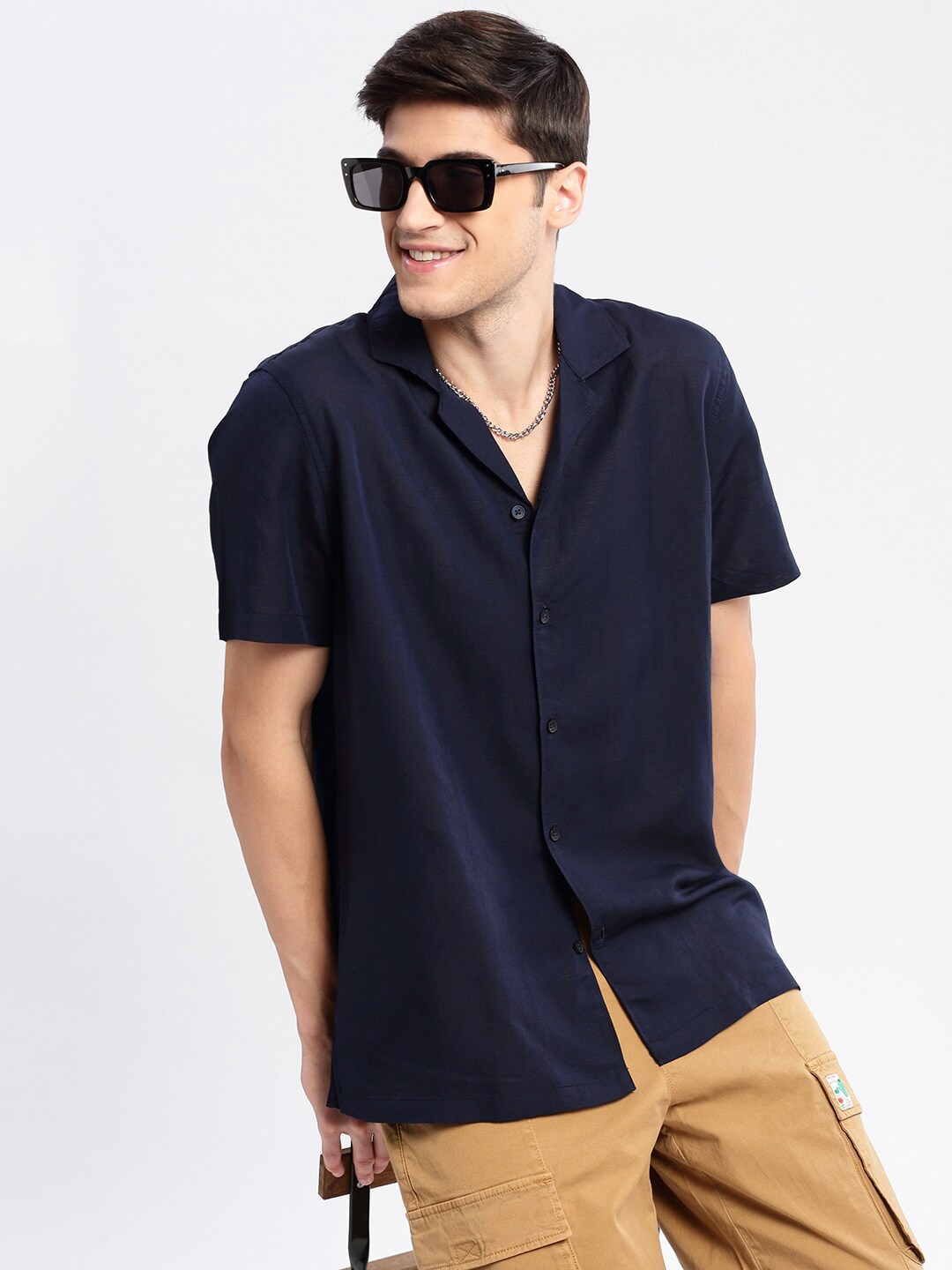 

SHOWOFF Premium Relaxed Fit Cuban Collar Cotton Shirt, Navy blue
