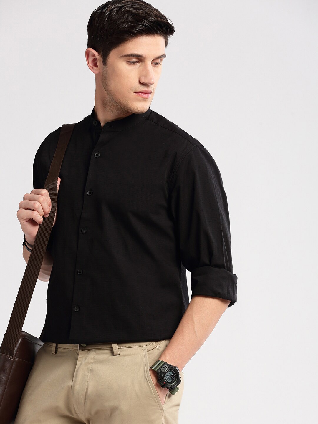 

SHOWOFF Premium Slim Fit Band Collar Cotton Casual Shirt, Black