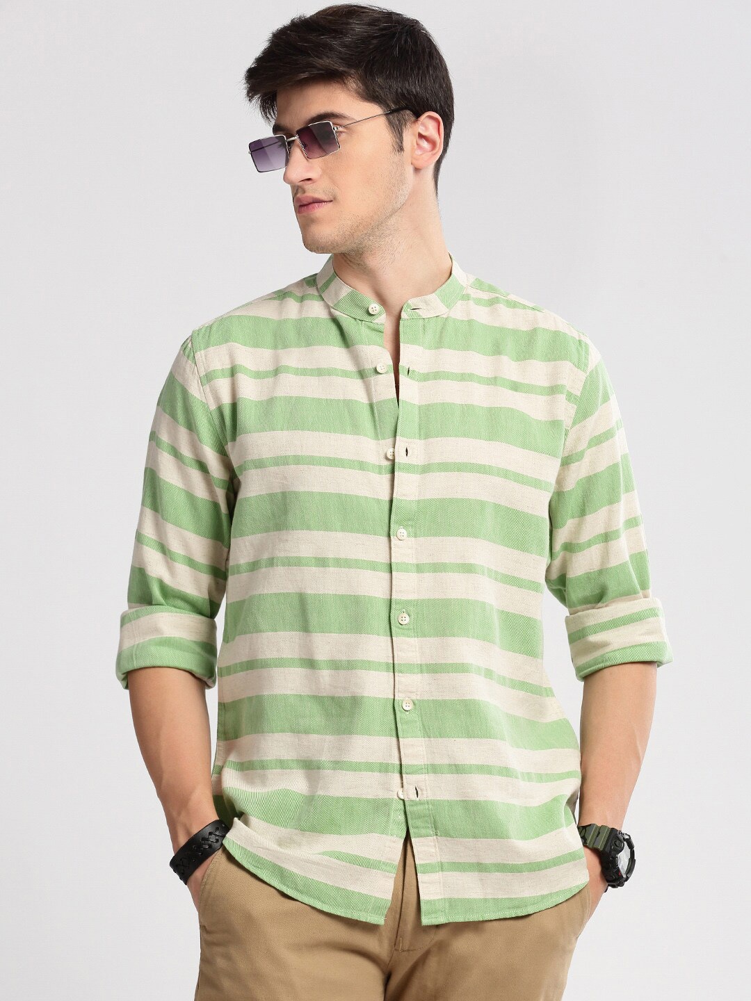 

SHOWOFF Standard Slim Fit Horizontal Striped Cotton Shirt, Green