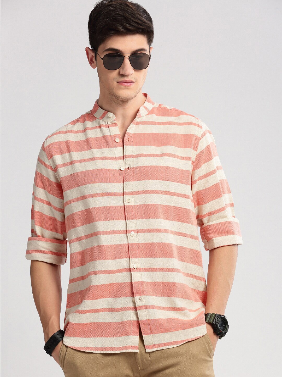 

SHOWOFF Standard Slim Fit Horizontal Striped Cotton Shirt, Orange