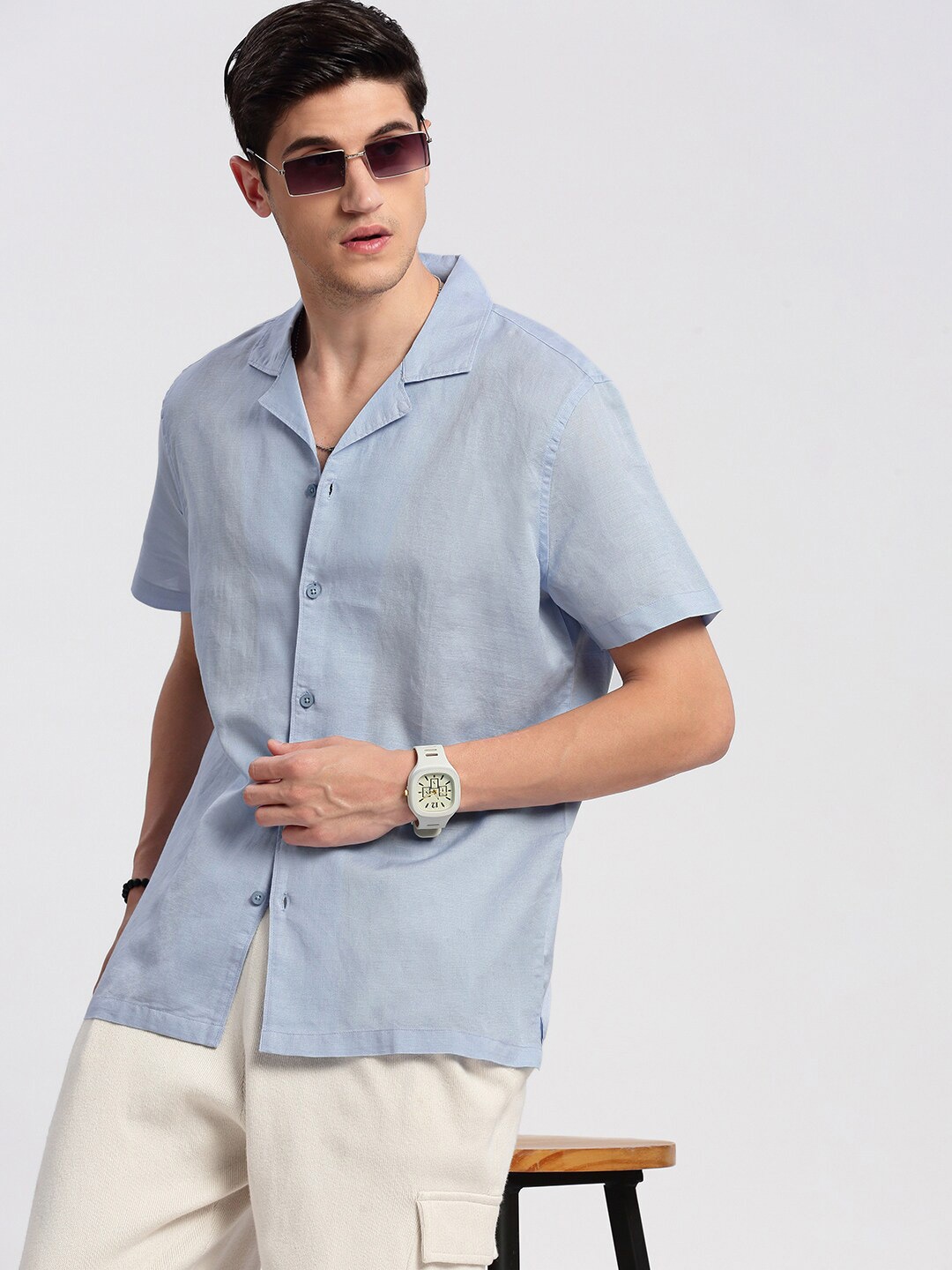 

SHOWOFF Premium Relaxed Fit Cuban Collar Cotton Shirt, Blue