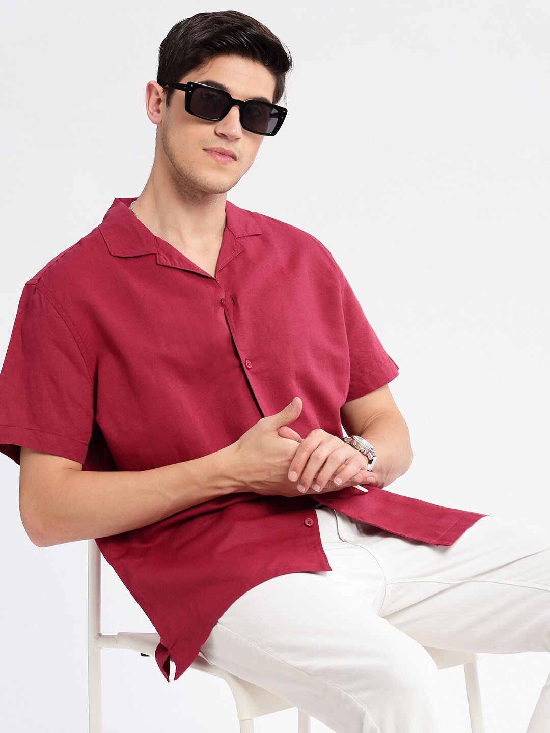 

SHOWOFF Premium Relaxed Fit Cuban Collar Cotton Shirt, Maroon