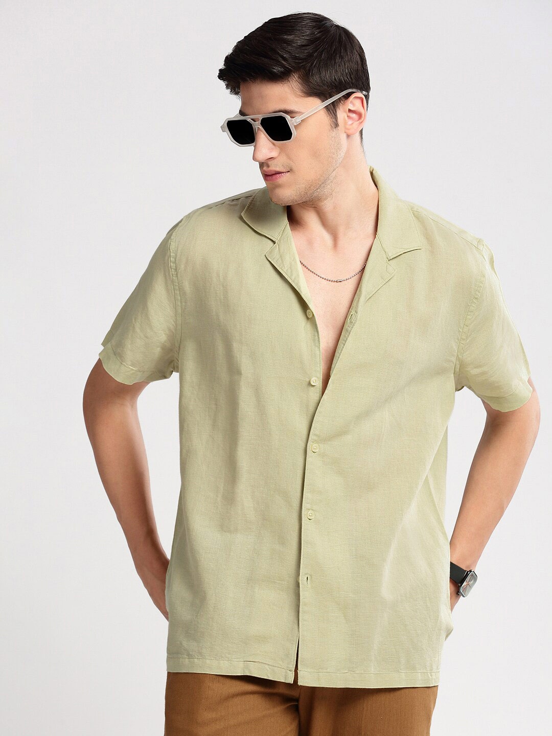 

SHOWOFF Premium Relaxed Fit Cuban Collar Cotton Shirt, Green