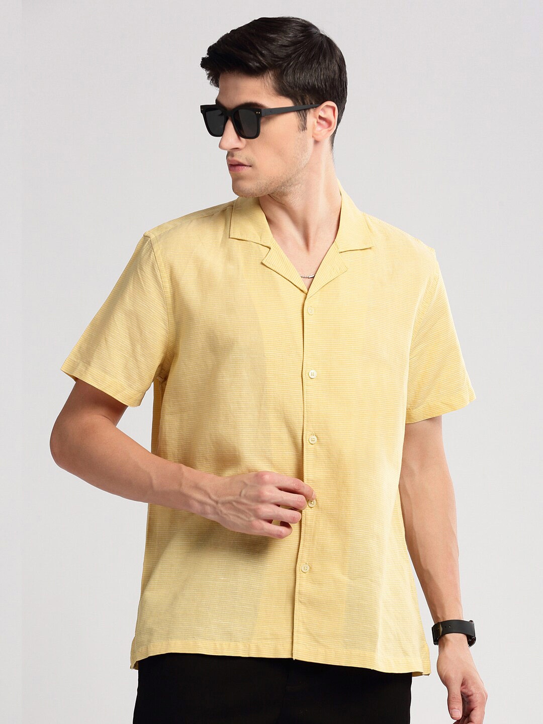 

SHOWOFF Premium Relaxed Fit Cuban Collar Cotton Shirt, Yellow