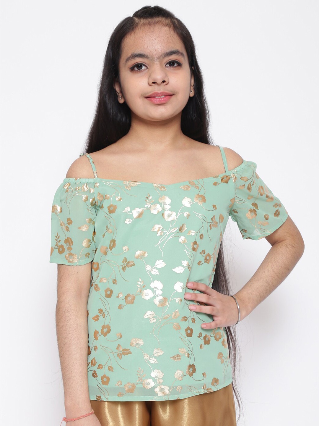 

Aks Kids Floral Printed Cold-Shoulder Bardot Top, Sea green