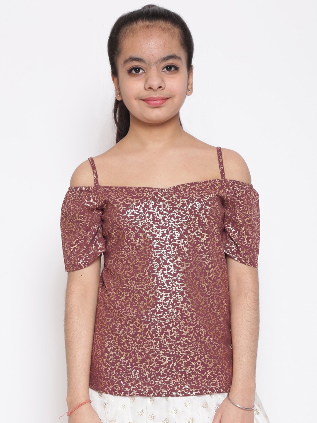 

Aks Kids Girls Embellished Off-Shoulder Cold-Shoulder Bardot Top, Burgundy