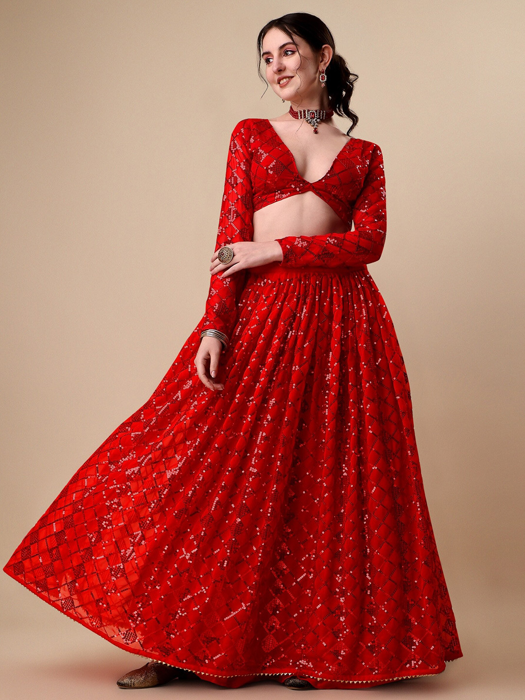 

Vaidehi Fashion Embellished Ready to Wear Lehenga & Unstitched Blouse With Dupatta, Red