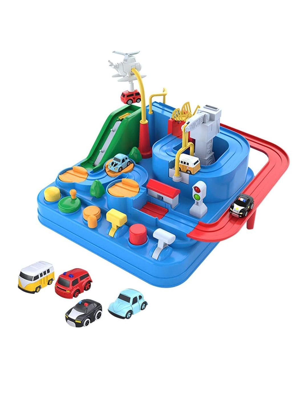 

OPINA Kids Adventure Manual Race Track Interactive Game with 4 Car Toys, Blue