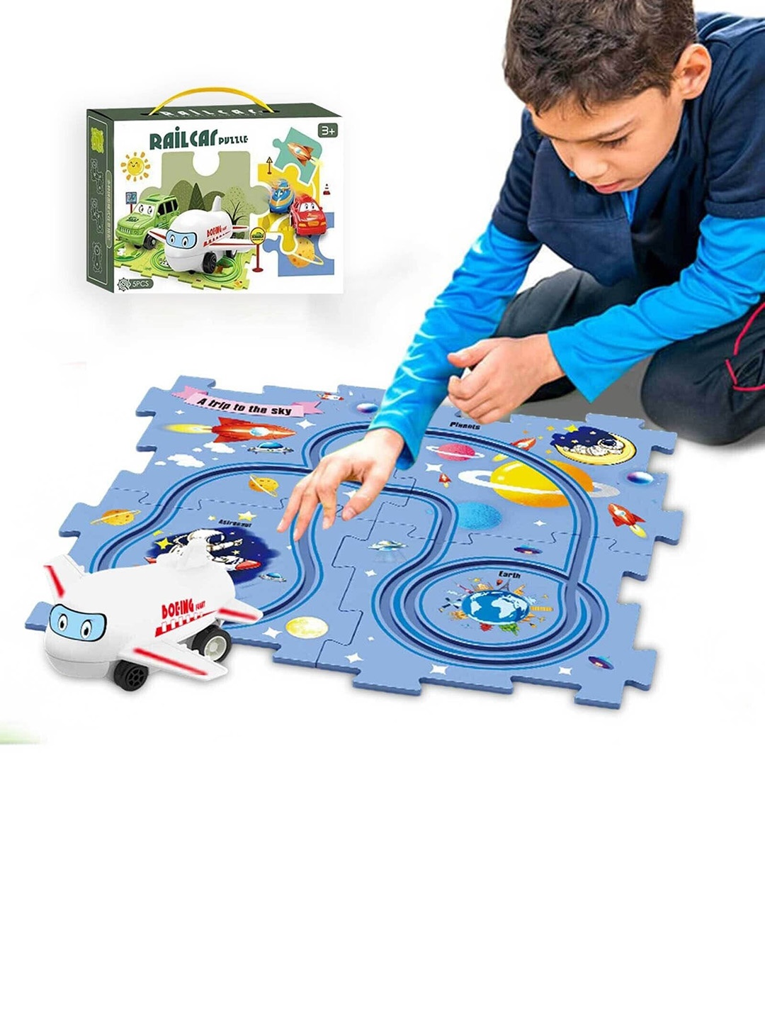 

OPINA Kids Space Theme Rail Car Puzzle Race Track, Blue