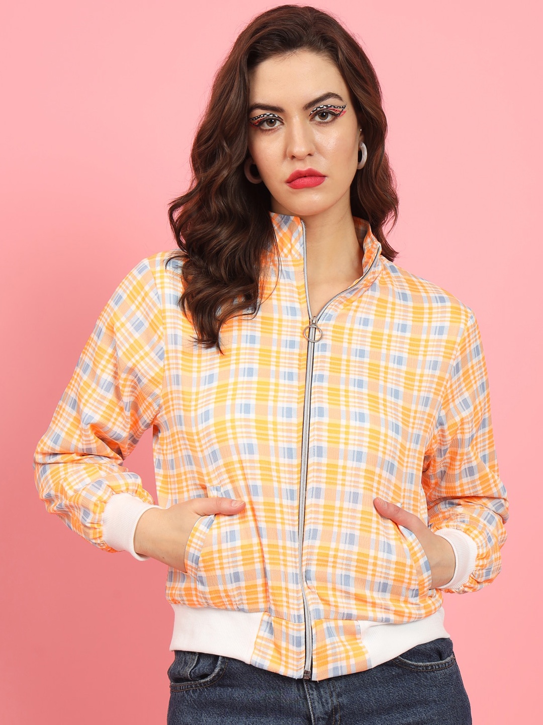 

MAZIE Checked Mock Collar Lightweight Crop Bomber Jacket, Yellow