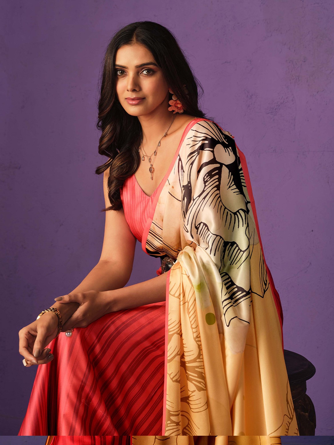 

Sangria Digital Floral Printed Satin Saree, Peach