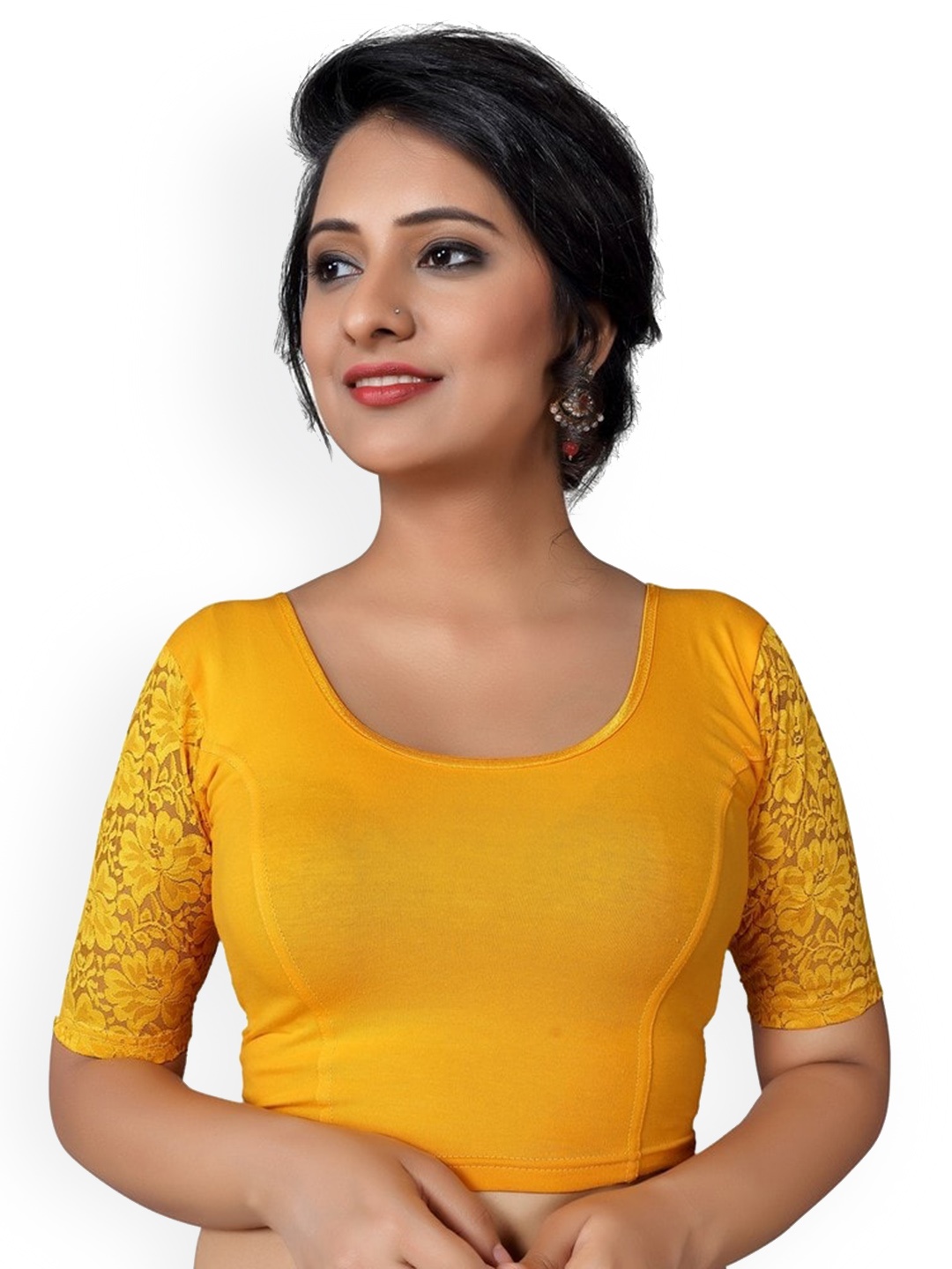 

SALWAR STUDIO Round Neck Cotton Stretchable Saree Blouse, Mustard
