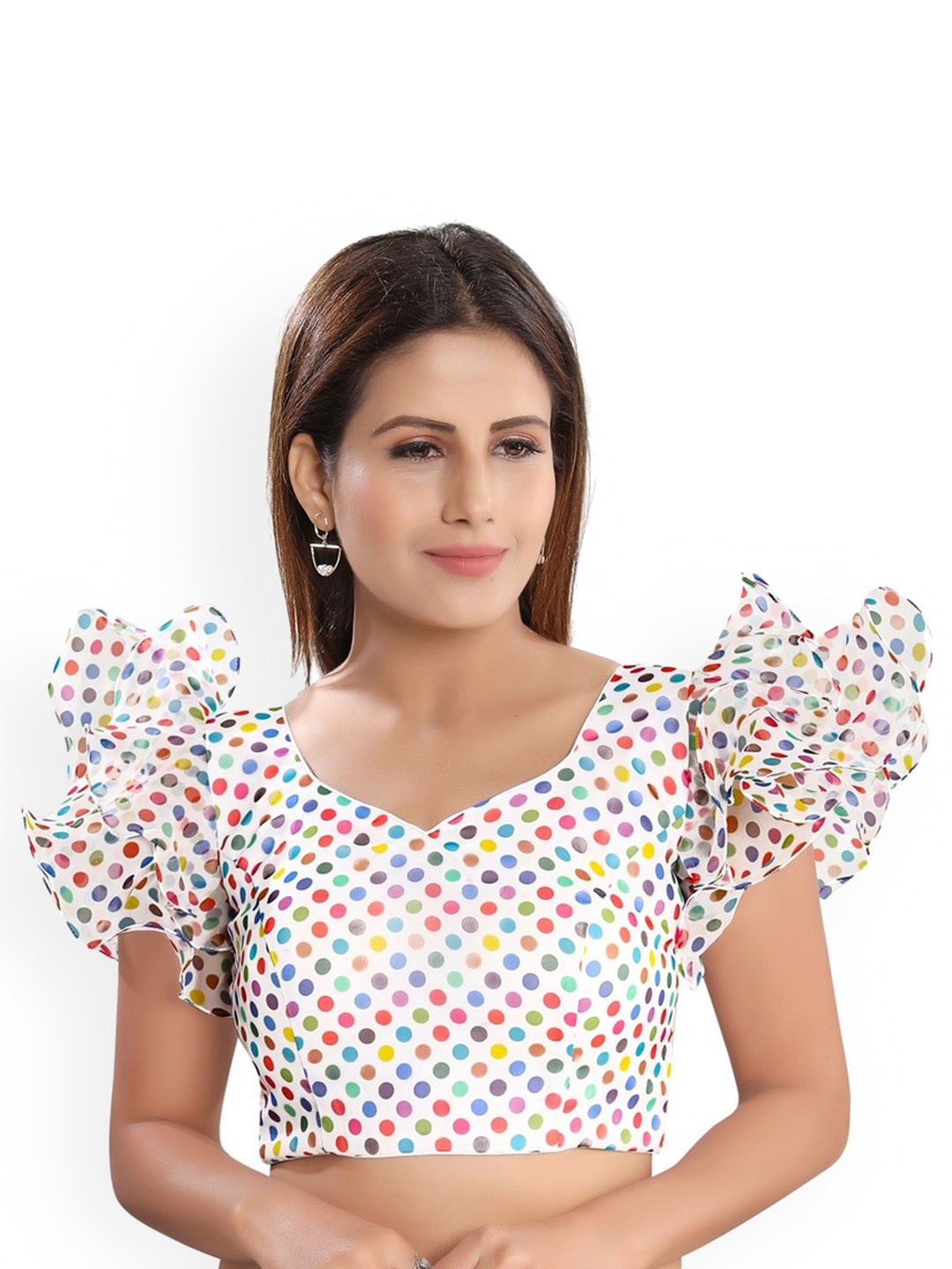 SALWAR STUDIO Polka Dots Printed Silk Saree Blouse, White