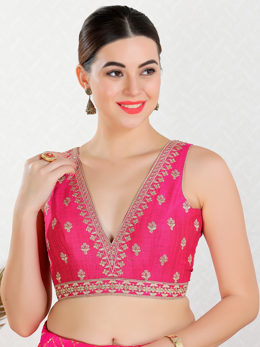 

SALWAR STUDIO Embroidered V-Neck Thread Work Detailed Silk Saree Blouse, Pink