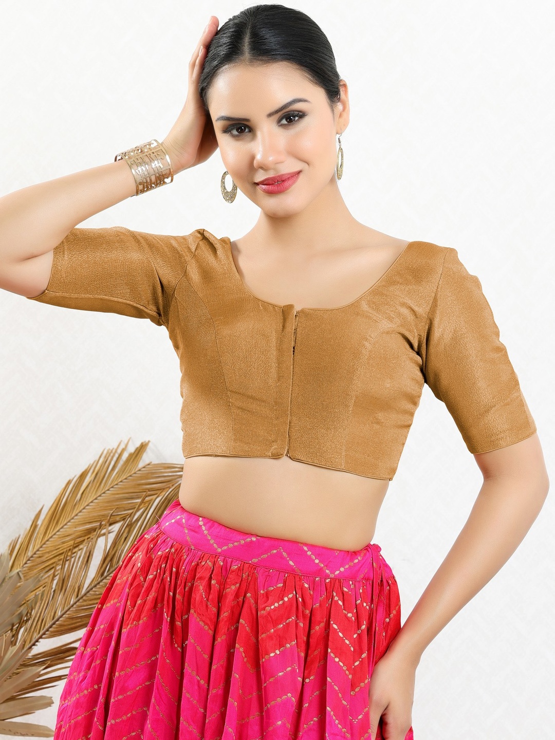 

SALWAR STUDIO Short Sleeves Silk Shimmer Saree Blouse, Beige