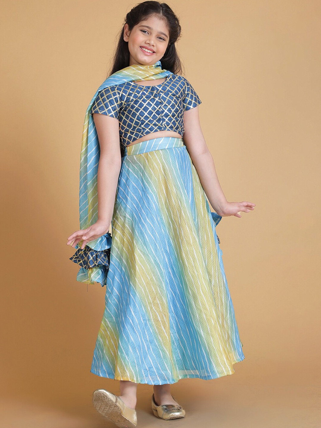 

Aks Kids Girls Leheriya Printed Ready to Wear Lehenga & Blouse With Dupatta, Blue