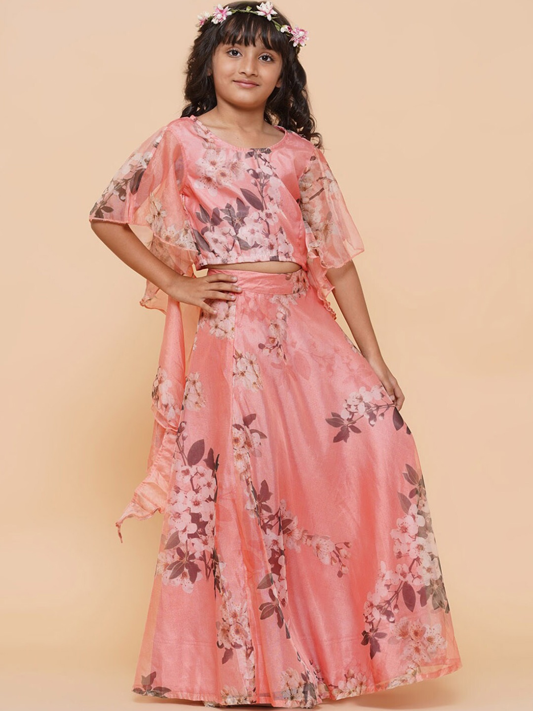 

Aks Kids Girls Floral Printed Flared Sleeves Organza Ready To Wear Lehenga, Peach