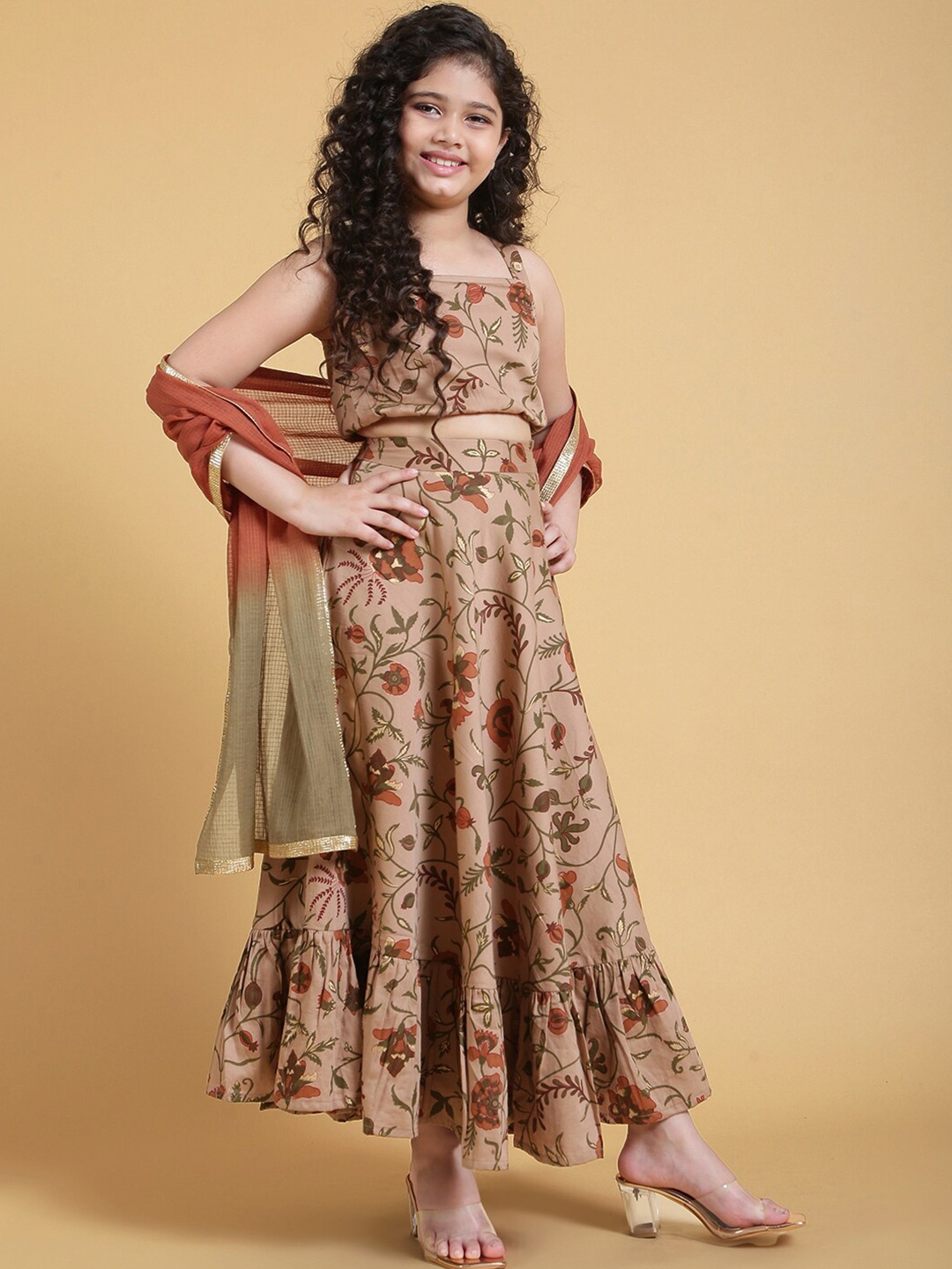 

Aks Kids Girls Floral Printed Cotton Ready To Wear Lehenga & Blouse With Dupatta, Brown