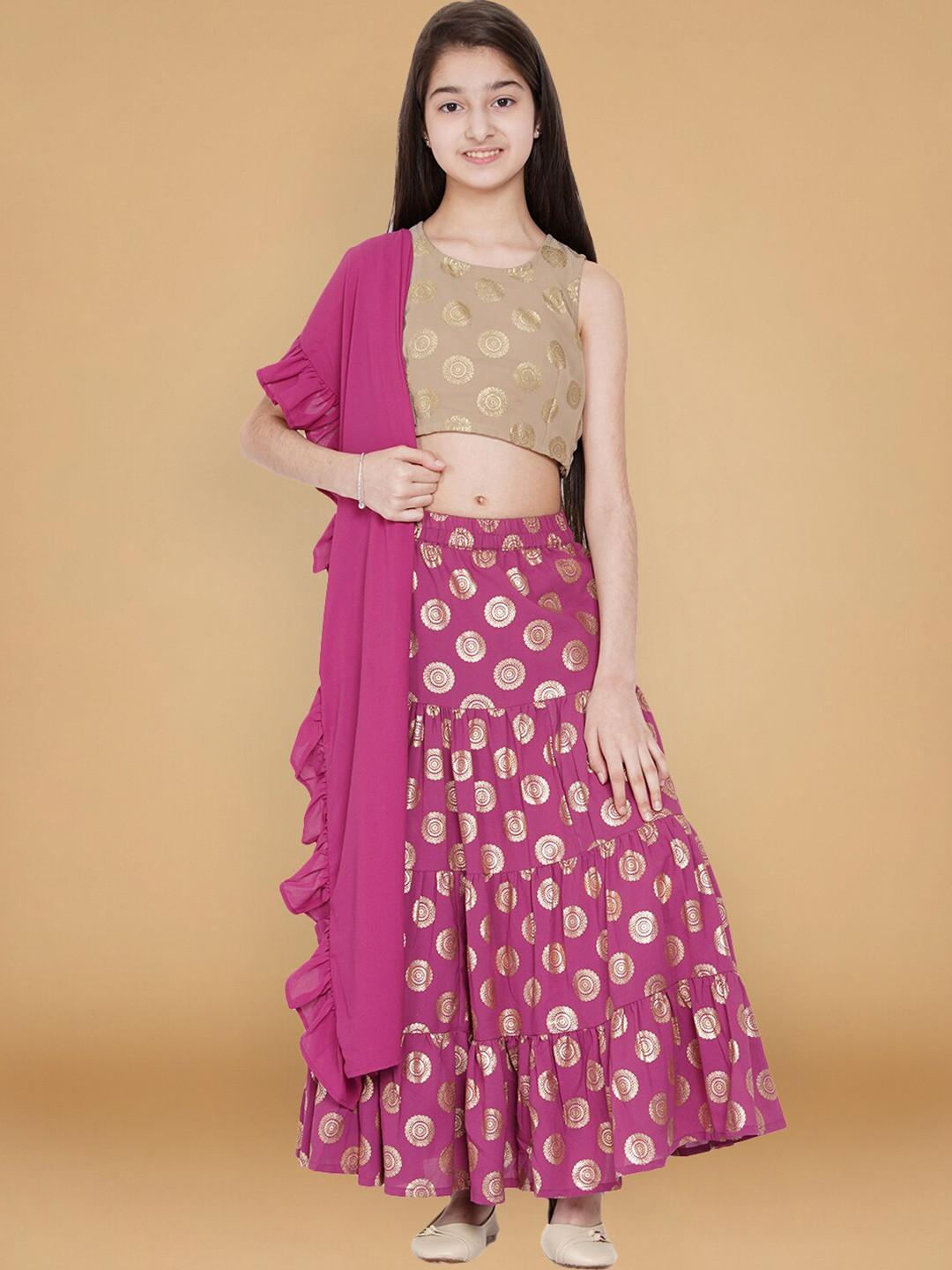 

Aks Kids Girls Foil Printed Ready to Wear Lehenga & Blouse With Dupatta, Purple