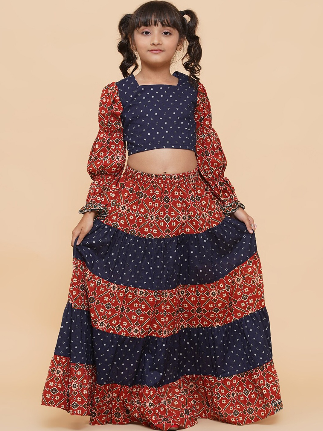 

Aks Kids Girls Printed Ready to Wear Lehenga With Blouse, Maroon