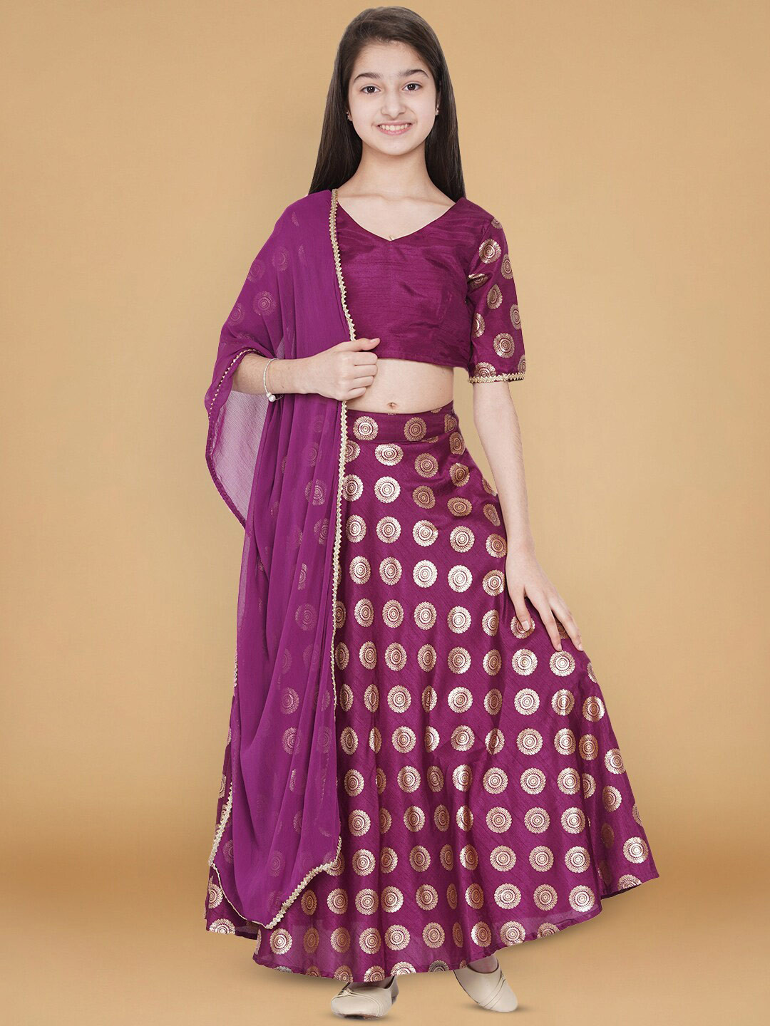 

Aks Kids Girls Ethnic Motifs Printed Ready to Wear Lehenga & Blouse With Dupatta, Purple