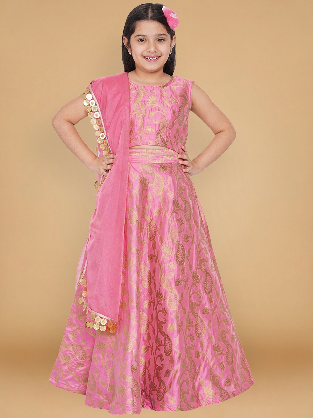 

Aks Kids Girls Ethnic Motifs Woven Design Silk Ready To Wear Lehenga & Blouse With Dupatta, Pink