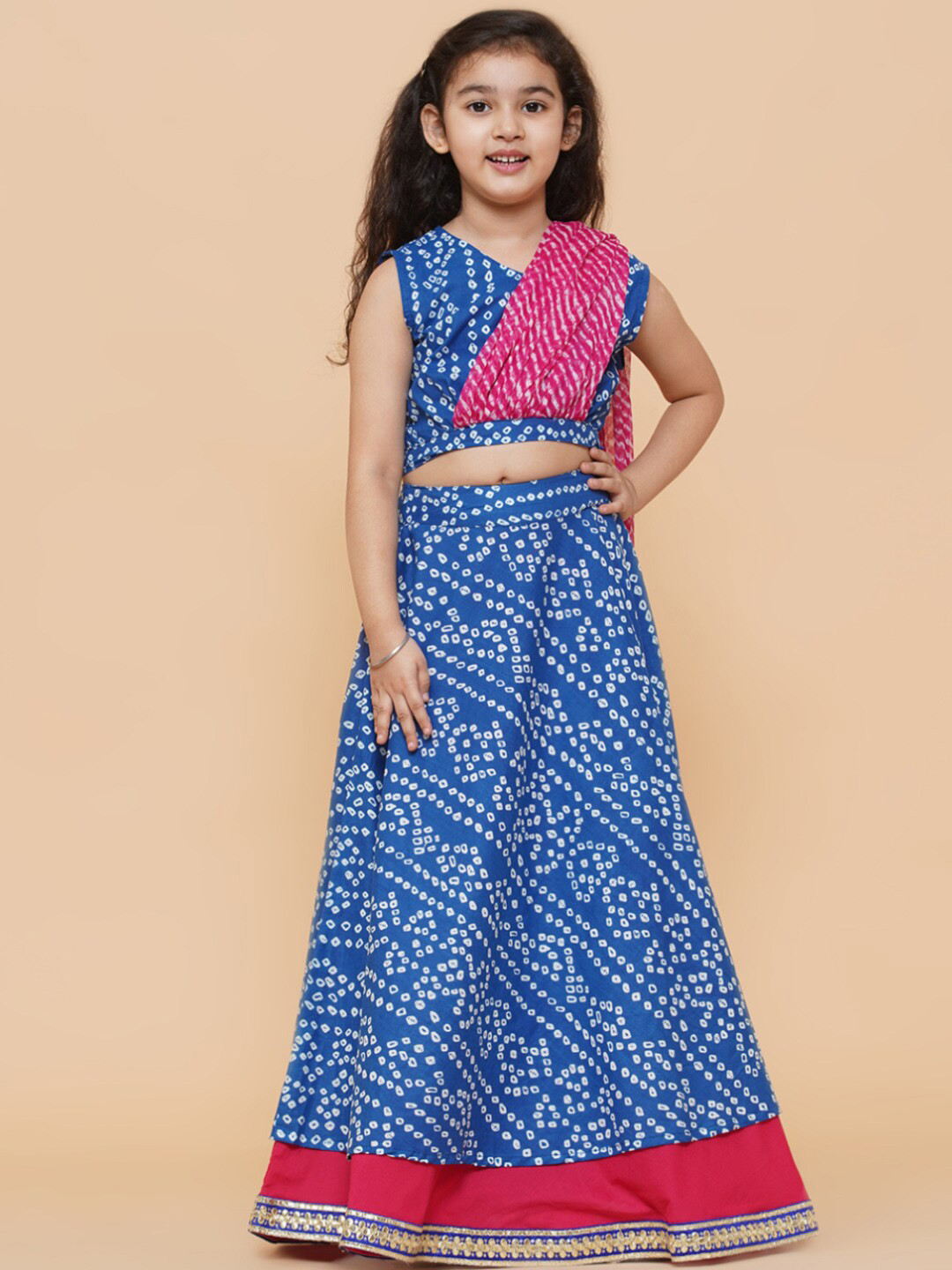 

Aks Kids Girls Bandhani Printed Ready to Wear Lehenga & Blouse With Dupatta, Blue
