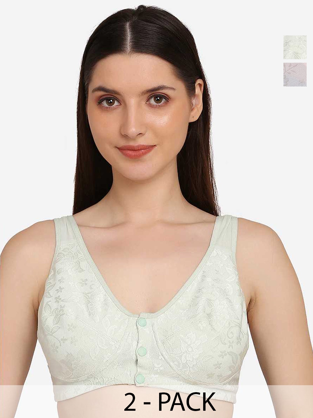 

MAMMA PRESTO Pack Of 2 Self Design Front Open Anti Microbial Cotton Maternity Bras, Green